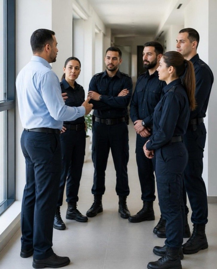Επόπτης ενημερώνει ομάδα φυλάκων πριν τη βάρδια